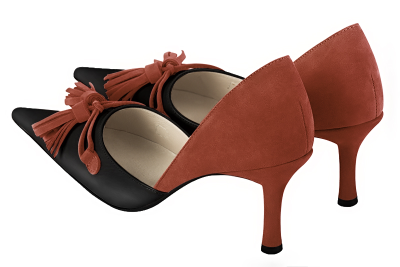 Satin black and terracotta orange women's open arch dress pumps. Pointed toe. High slim heel. Rear view - Florence KOOIJMAN